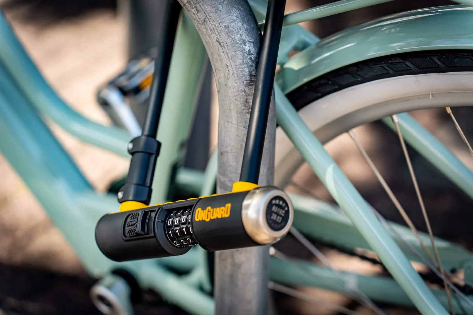 OnGuard Bulldog 8010C locked around a street rack and the frame of a Reid Classic
