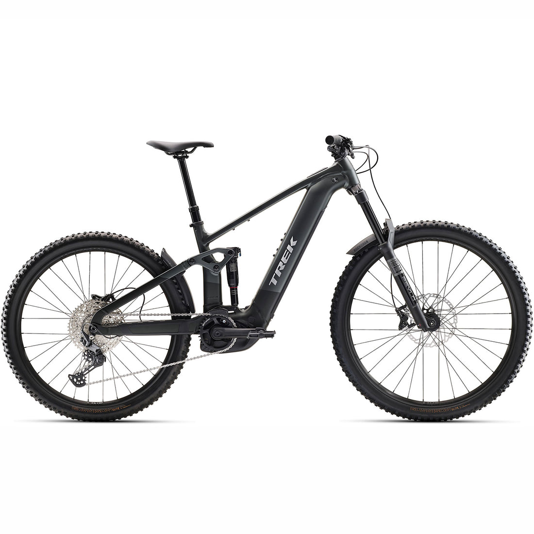 Trek Rail plus 5 Gen 5 full-power enduro e-MTB in lithium grey, side profile on white background