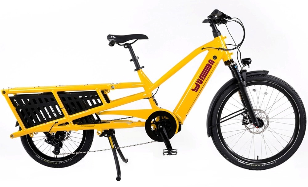 Yuba Spicy Curry V4 longtail cargo e-bike in yellow, side profile on plain background