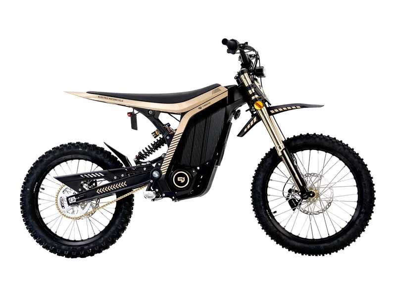 79Bike Lynx electric dirt bike in black and gold, side profile on white background