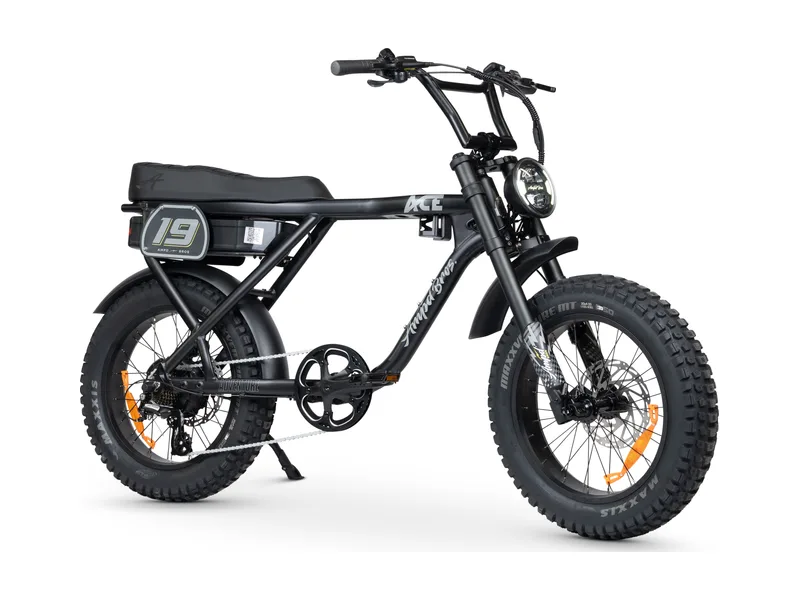 AMPD Bros ACE Adventure fat tyre e-bike, three quarter studio view on white background