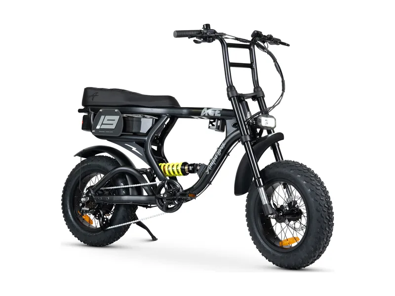 AMPD Bros ACE-X Mini PRO fat tyre e-bike, three quarter studio view on white background