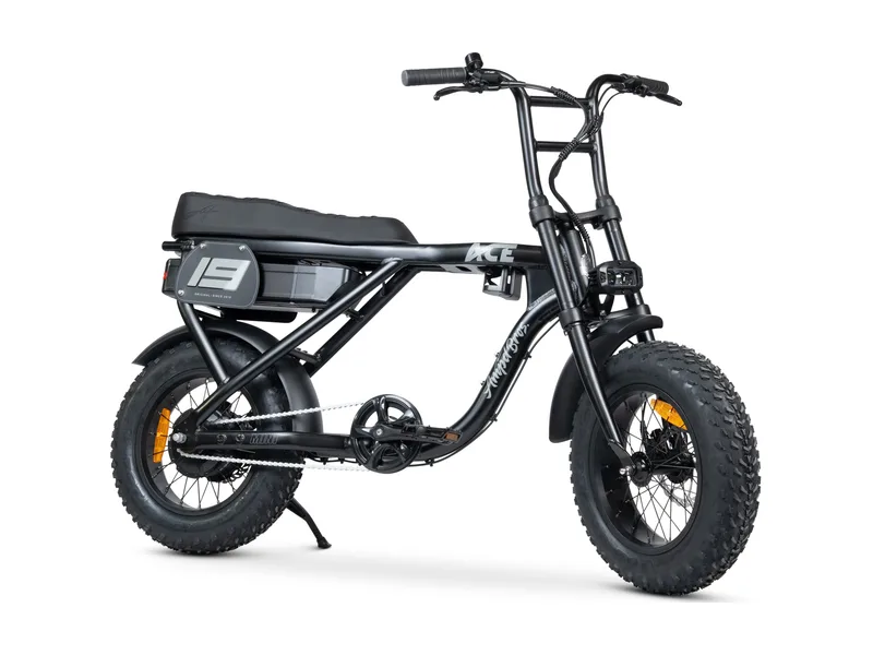 AMPD Bros ACE Mini fat tyre e-bike, three quarter studio view on white background