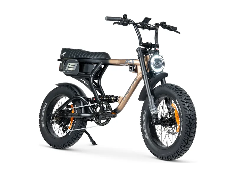 AMPD Bros ACE PRO dual-suspension fat tyre e-bike, three quarter studio view on a transparent background