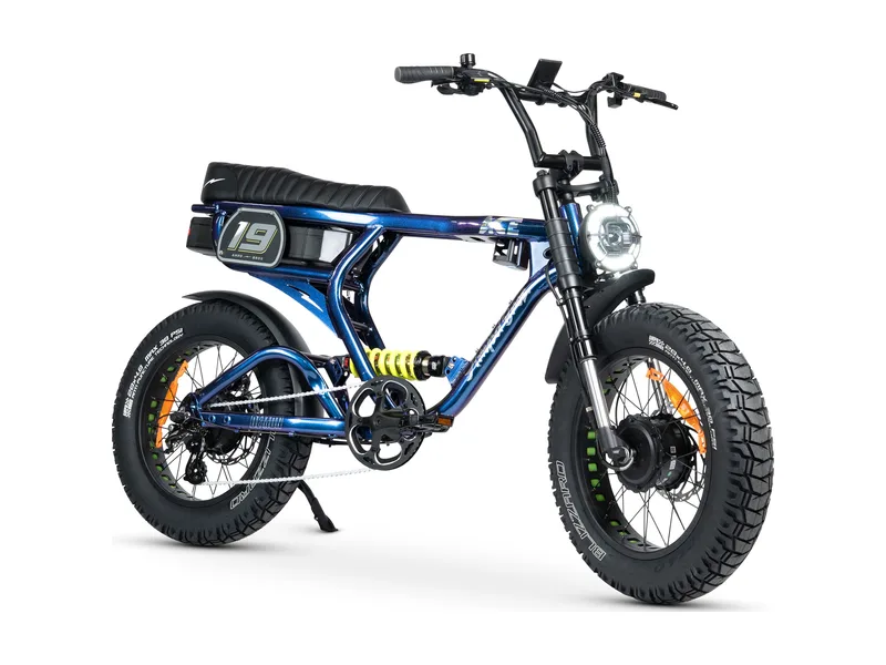 AMPD Bros ACE-X Demon S5 dual-motor fat tyre electric bike, three quarter studio view on a transparent background