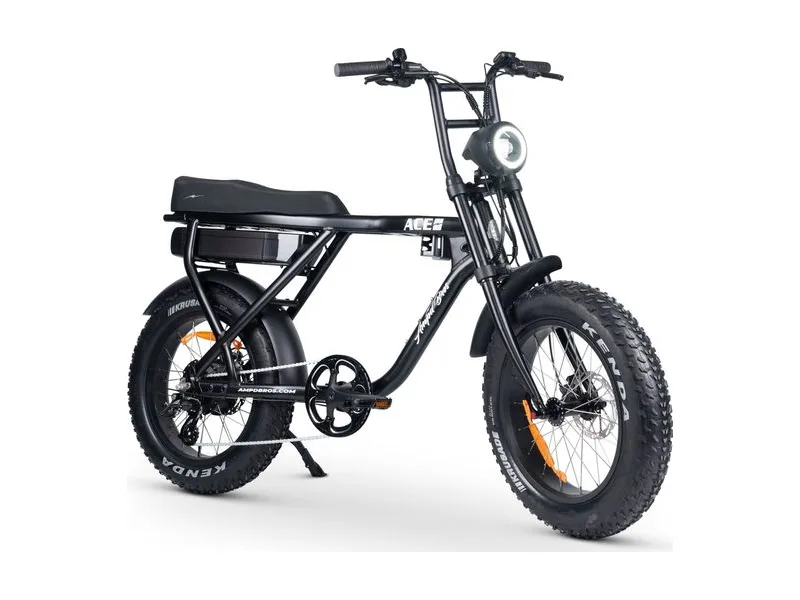 AMPD Bros ACE-X fat tyre e-bike, three quarter studio view on white background