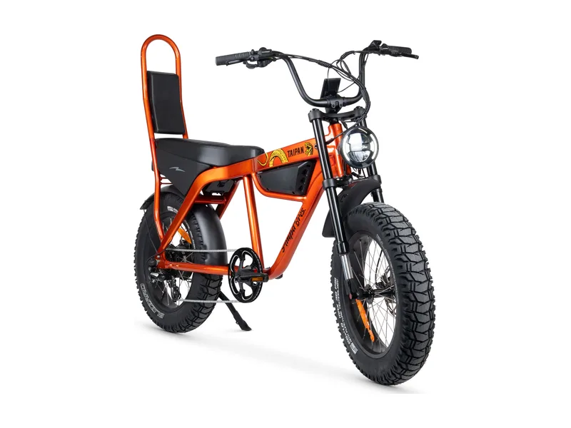 AMPD Bros Taipan chopper style fat tyre e-bike, three quarter studio view on white background