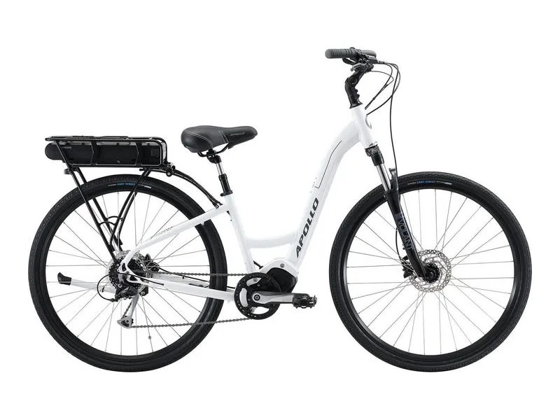 Apollo Eon Comfort 20 step-through e-bike in gloss white, side profile on white background