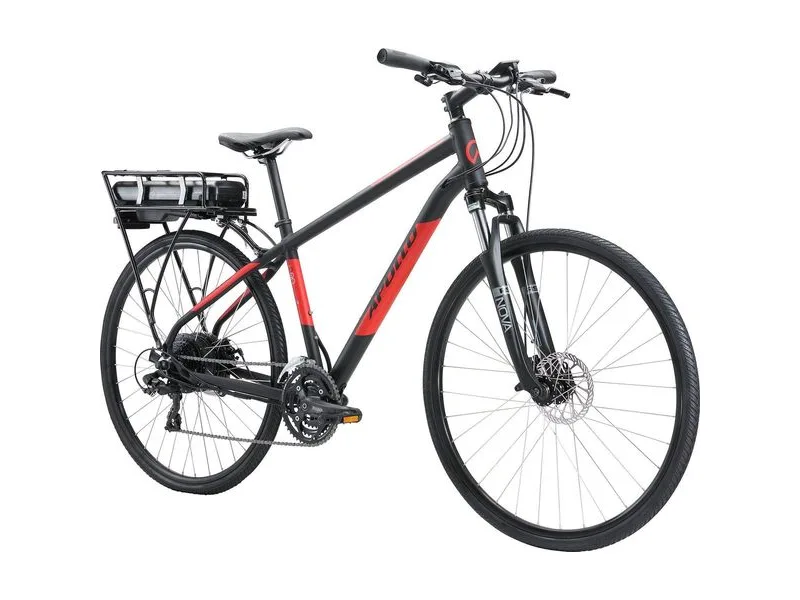 Apollo Eon Commuter 10 e-bike in matte black and red, side profile on white background