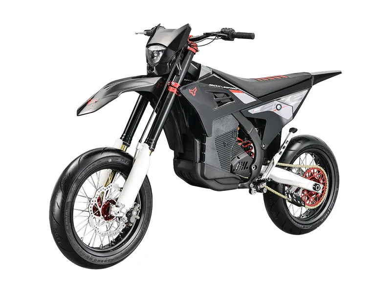 Arctic Leopard E-XE 880 Super electric dirt bike, side profile on white background