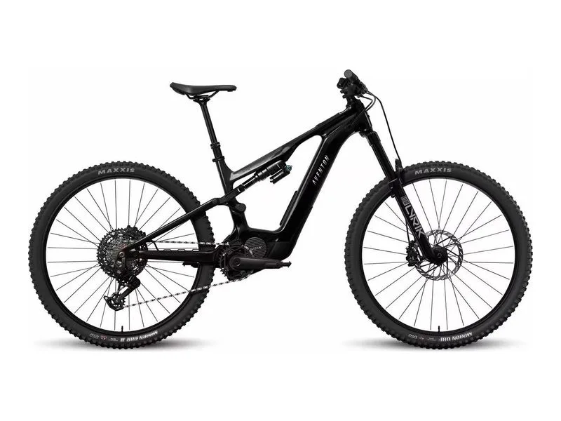 Aventon Current EXP carbon dual suspension electric mountain bike in Midnight Black, side profile on white background