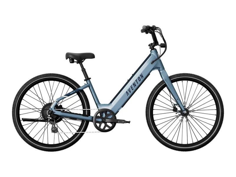 Aventon Pace 4 step-through commuter e-bike in Blue Steel, side profile on white background