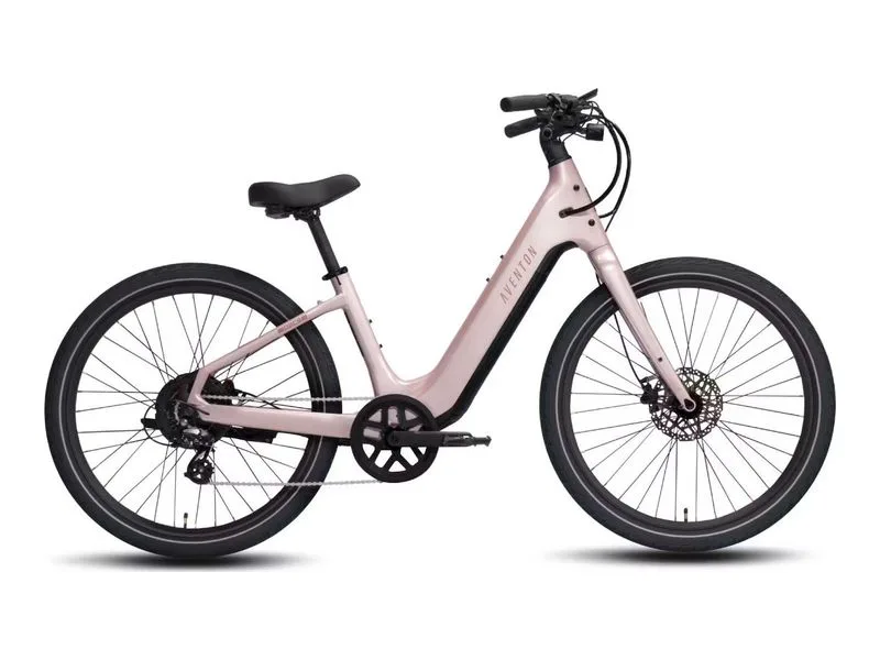 Aventon Pace 5 REC step-through cruiser e-bike in Sakura pink, side profile on white background