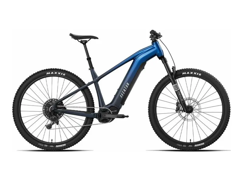 Aventon Ramblas ADV hardtail electric mountain bike in Cerulean, side profile on white background
