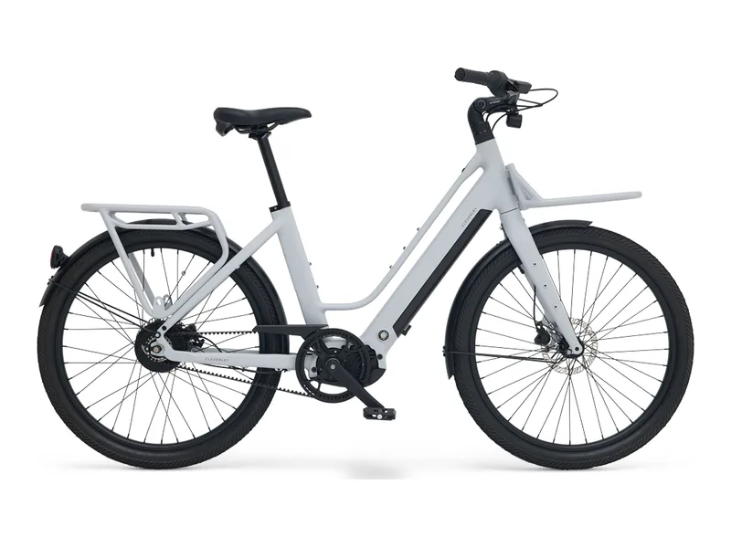 Cleverley Commuter S step-through e-bike in Soft Grey, studio product photo