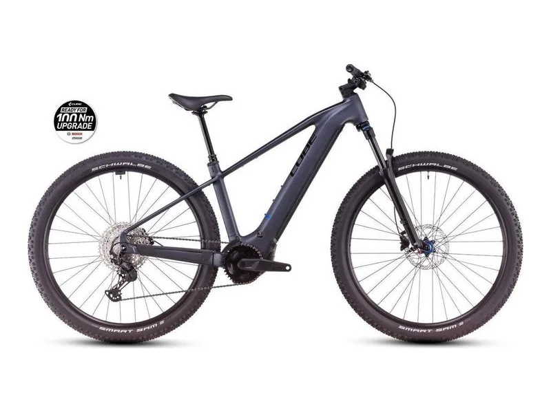 Cube Reaction Hybrid Pro 600 trail e-MTB hardtail in metallic grey and black, side profile on white background
