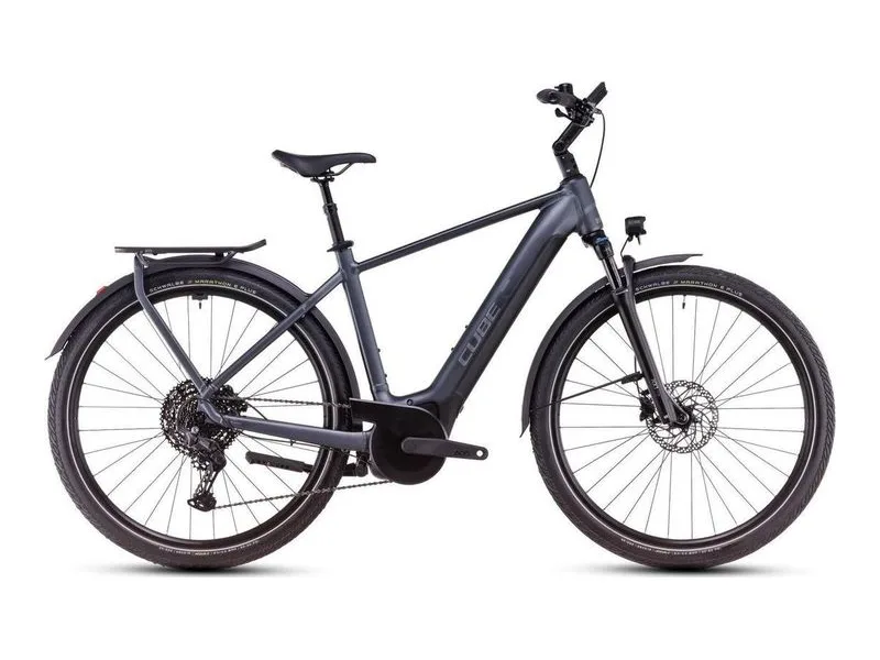 Cube Touring Hybrid Pro 625 trekking commuter e-bike in metallic grey and chrome, side profile on white background