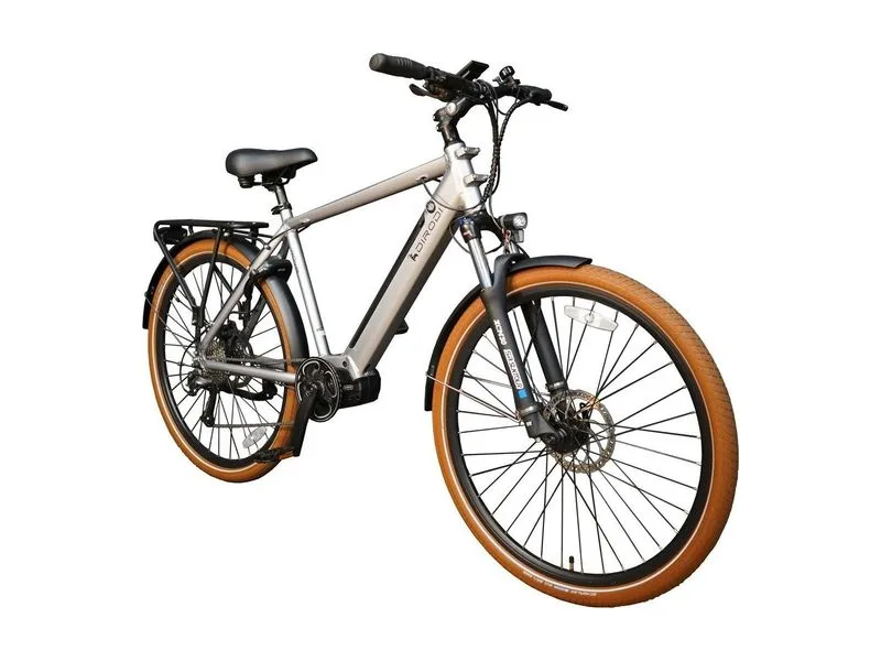 DiroDi Nova mid drive commuter e-bike in grey with tan tyres, three quarter view on white background