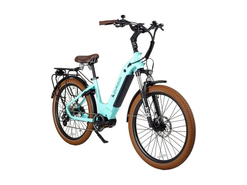 DiroDi Primo Gen 4 step-through commuter e-bike in pale blue, three quarter view on white background