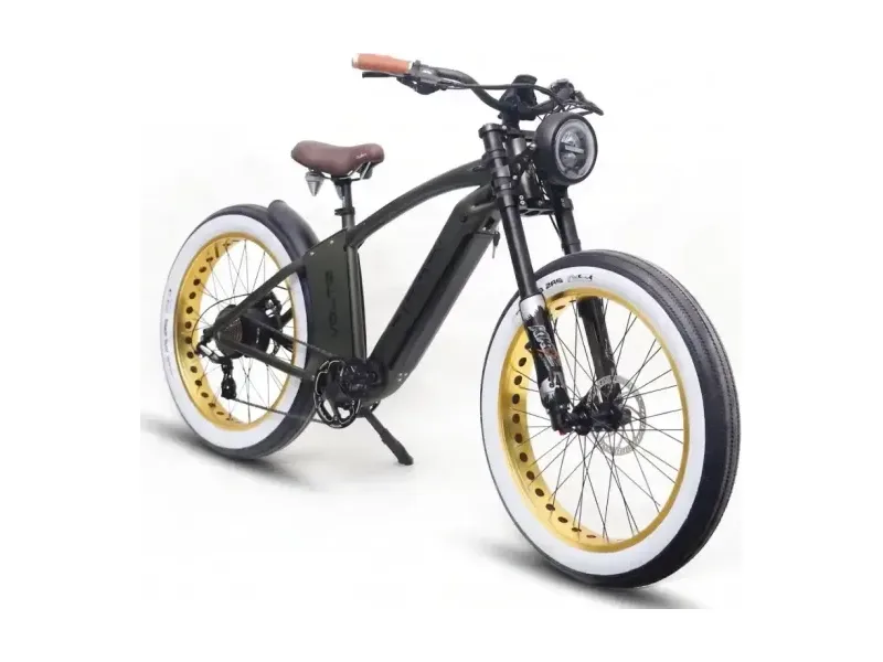 DiroDi Voltz fat tyre cruiser e-bike in dark green with cream tyres, three quarter view on white background