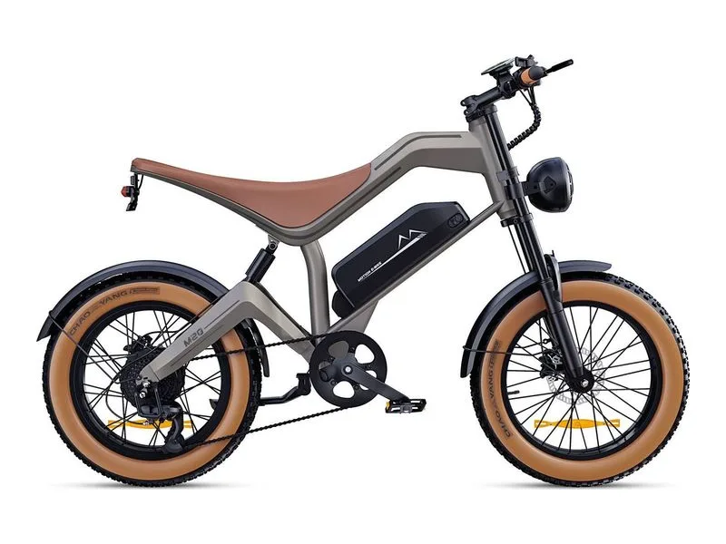DYU M20 moto-style fat tyre e-bike with brown bench seat, side profile on white background