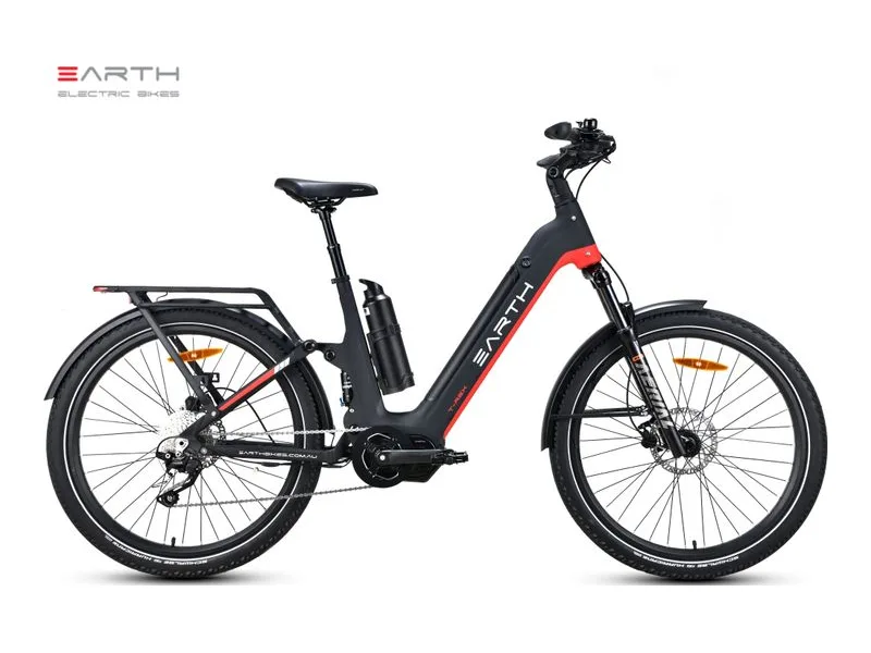 Earth T-REX SP SUV dual-suspension dual-battery e-bike, side profile on white background