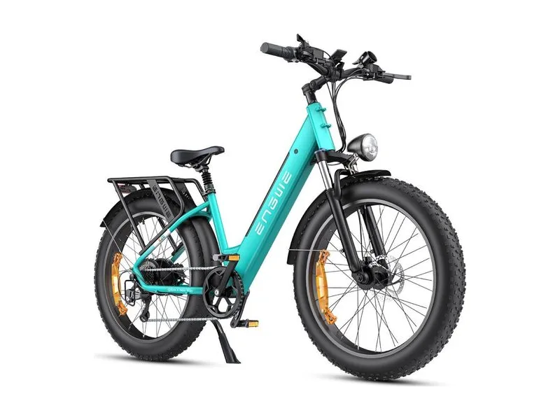 Engwe E26 step through e-bike, front three quarter view on white background