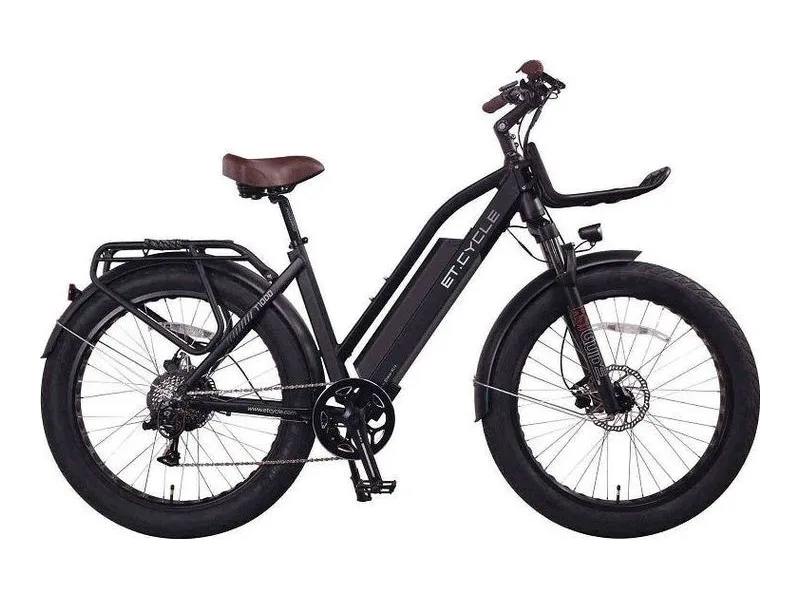 ET.Cycle T1000 step-through fat tyre e-bike in matt black, side view