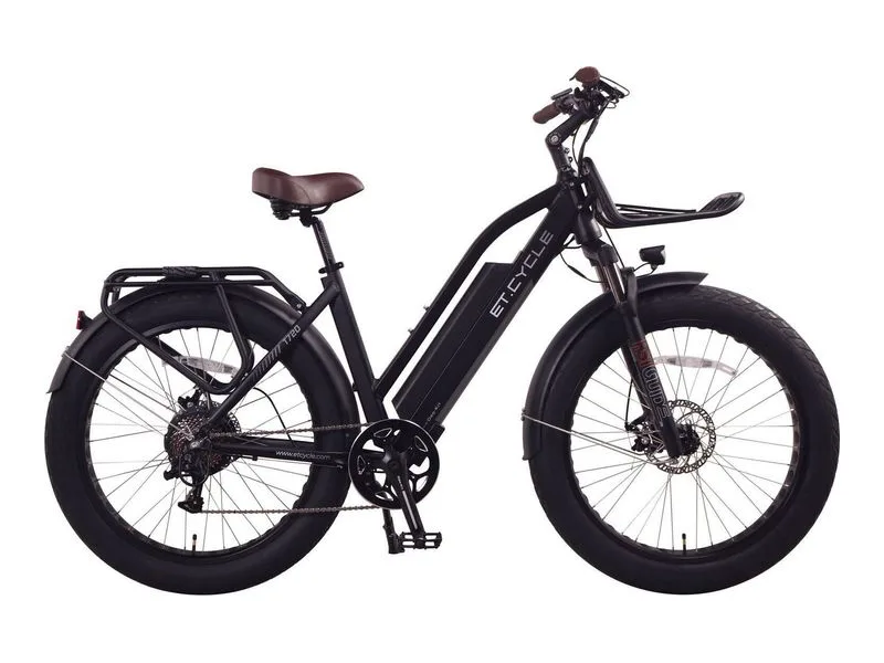 ET.Cycle T720 step-through fat tyre e-bike in matt black on a white background