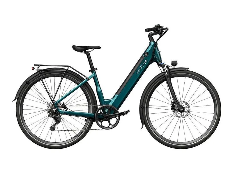 Fiido C11 step-through e-bike in emerald blue, side profile on white background