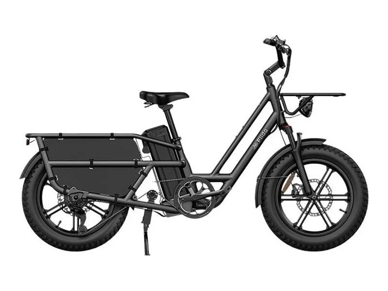 Fiido T2 longtail cargo e-bike in black, side profile on white background