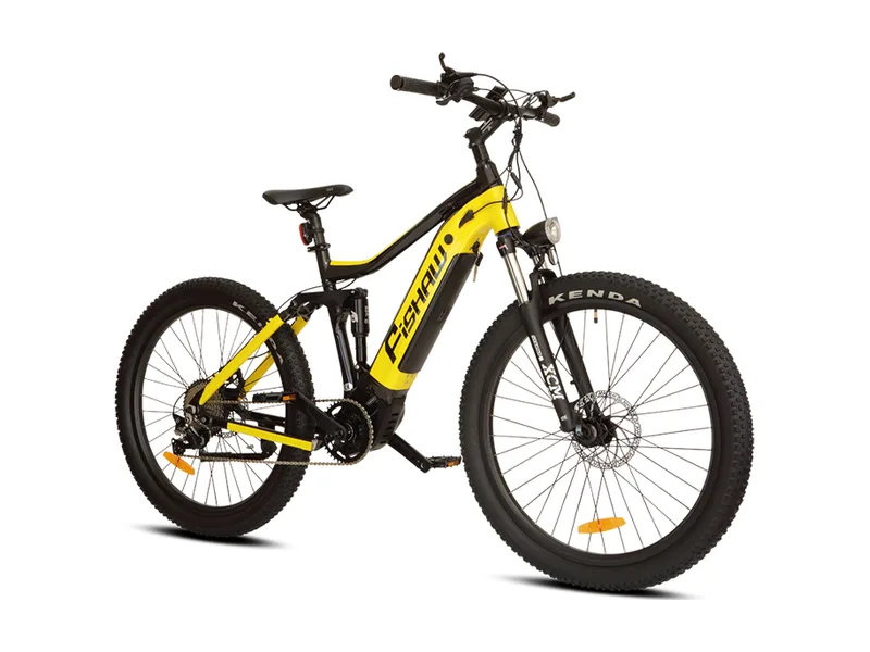 FiSHAW M500 full suspension electric mountain bike in yellow and black, product photo