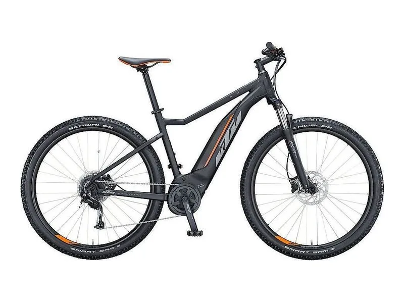 KTM Macina Ride 291 hardtail e-mountain bike in black, side profile on white background