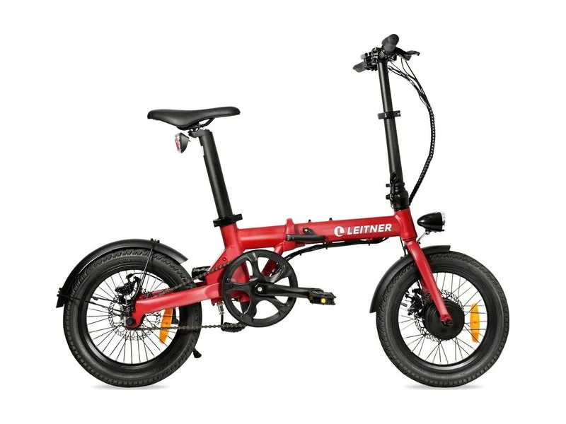 Leitner Aria 16 inch lightweight folding e-bike in red, side profile on white background
