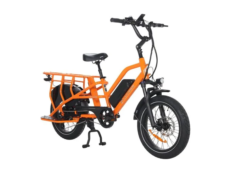 Leitner Atlas longtail cargo e-bike with fat tyres in orange, three quarter view on white background
