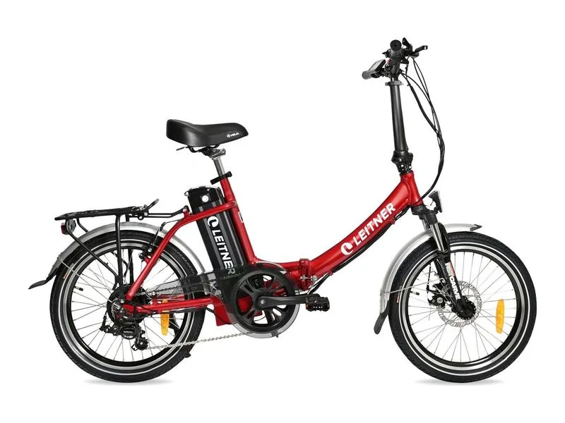 Leitner Libelle step-through folding e-bike in red, side profile on white background