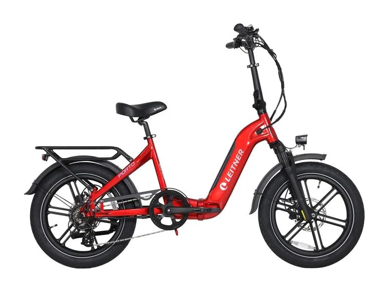 Leitner Porto folding fat tyre e-bike in red, side view on white background