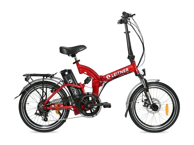 Leitner SuperT dual suspension folding e-bike in red, side profile on white background