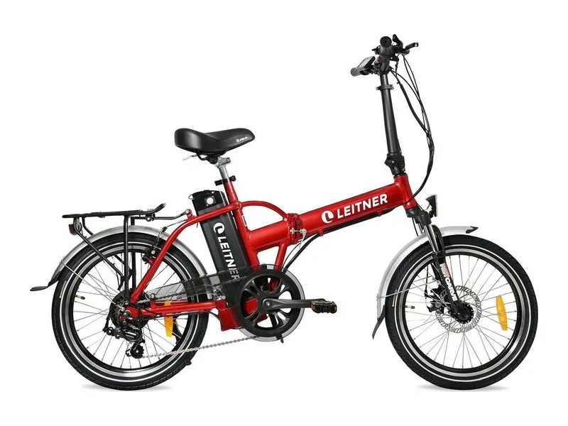 Leitner Tirol step-over folding e-bike in red, side profile on white background
