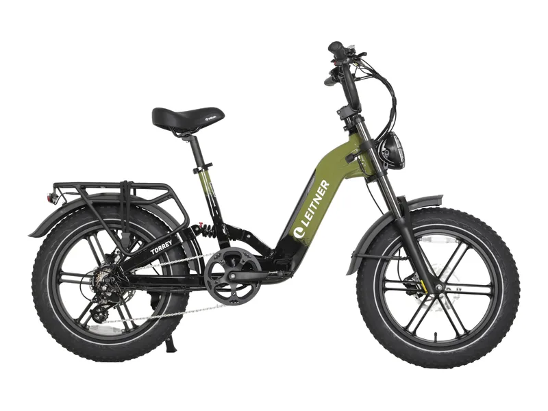 Leitner Torrey dual suspension fat tyre e-bike in forest green, side view on white background