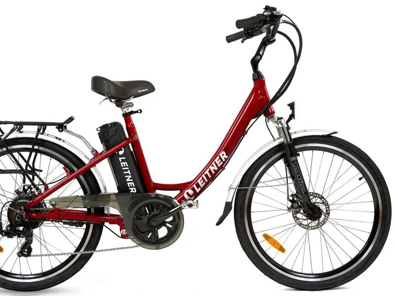 Leitner Venice Cruiser step-through e-bike in red, side profile on white background