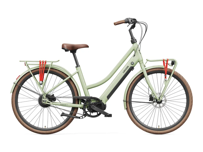 Lekker Jordaan GTS step-through e-bike in olive green, side profile on white background