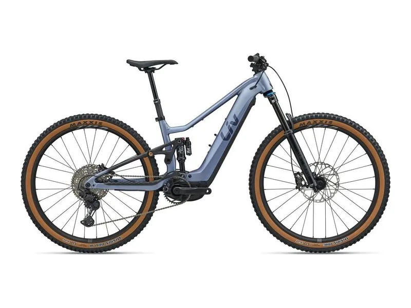 Liv Embolden E plus 0 women's full suspension trail e-bike in atmosphere, side profile on white background
