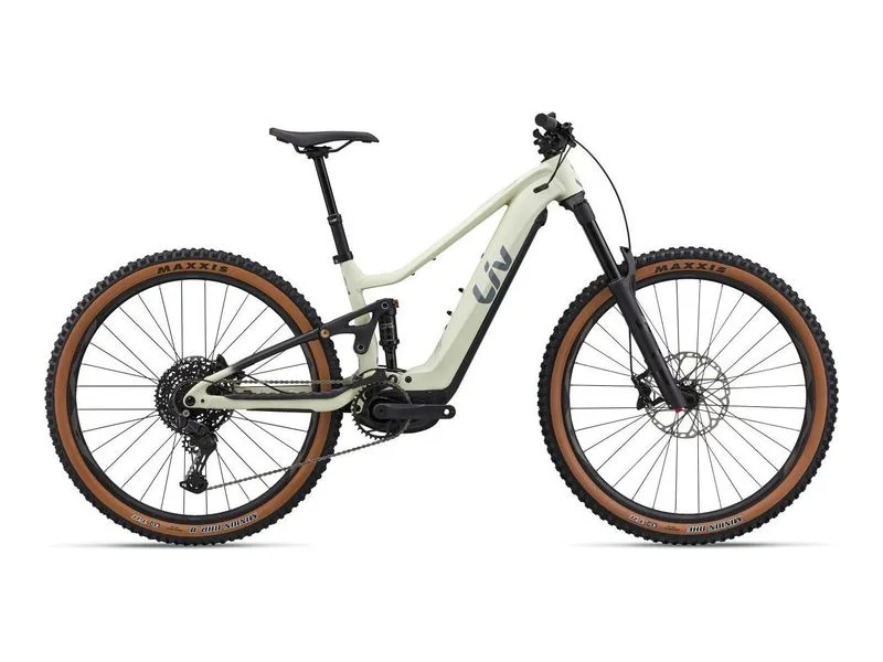 Liv Embolden E plus 1 women's full suspension trail e-bike in pale moss, side profile on white background