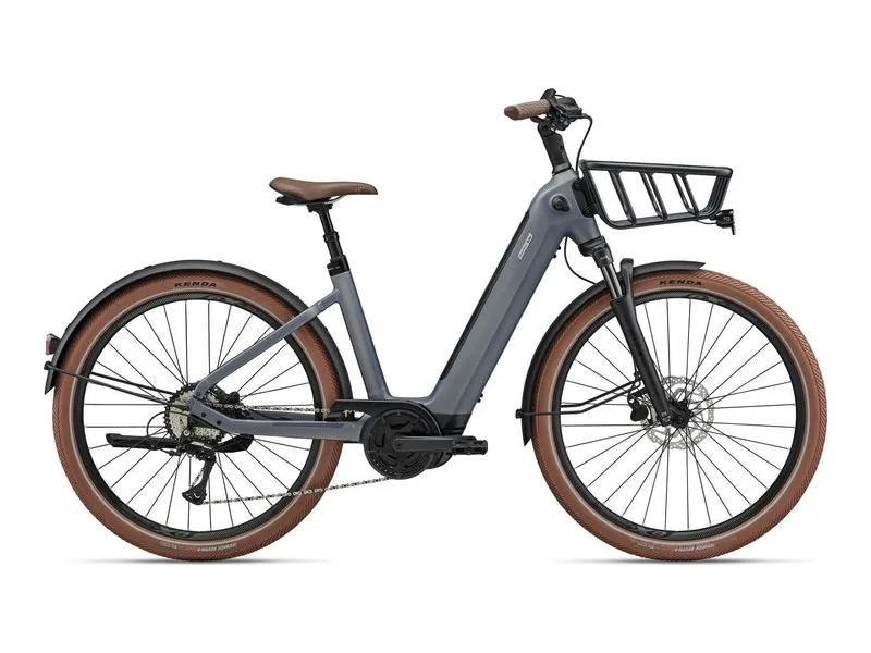 Liv Flourish E+ 3 step-through city e-bike, side profile on white background