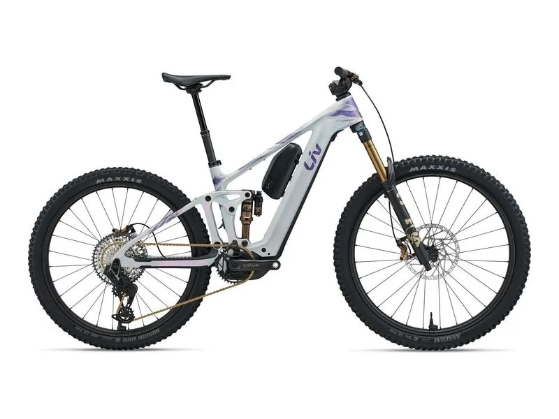 Liv Intrigue Advanced E+ 0 women's carbon trail e-MTB, side profile on white background