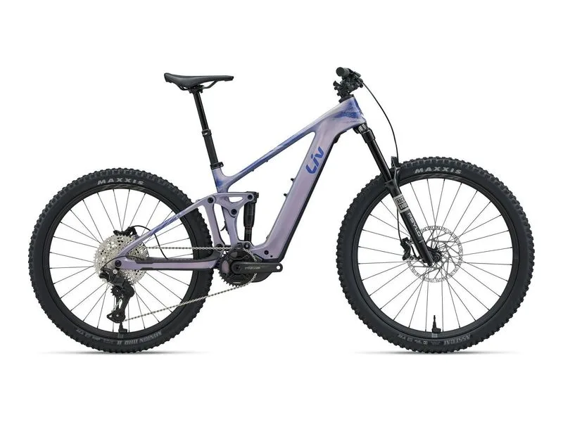 Liv Intrigue Advanced E+ 2 women's carbon trail e-MTB, side profile on white background