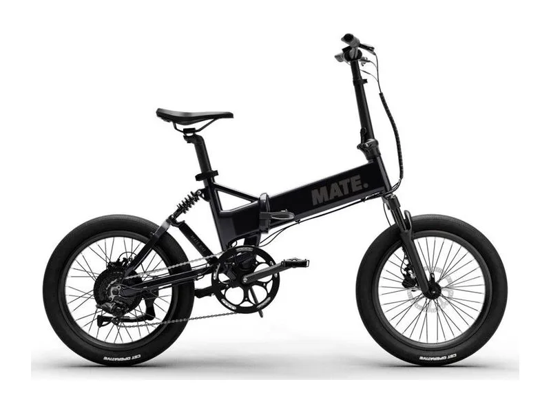 MATE Fusion folding e-bike in black, side profile on white background