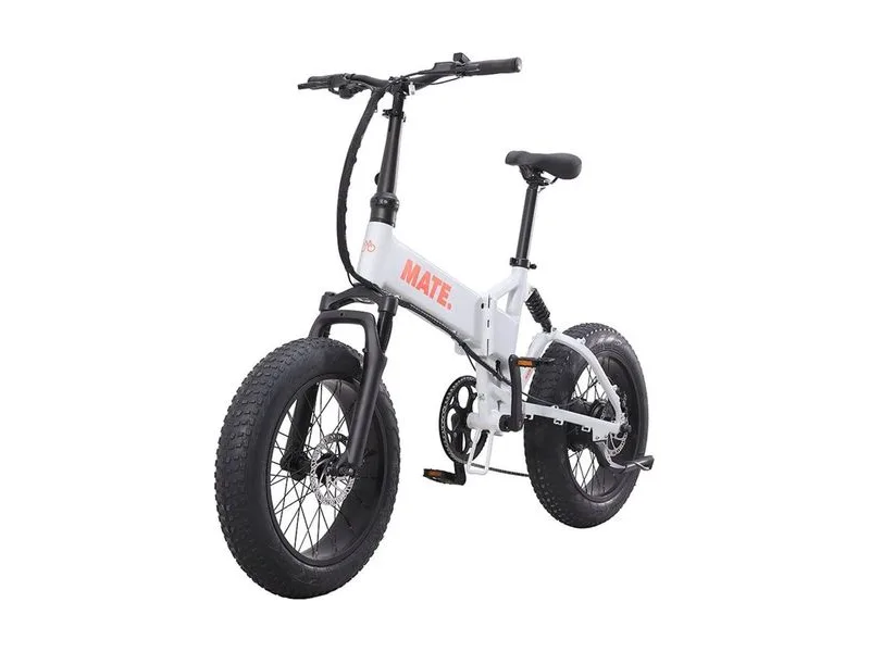 MATE X Evo folding e-bike in ghost grey, front three quarter view on white background