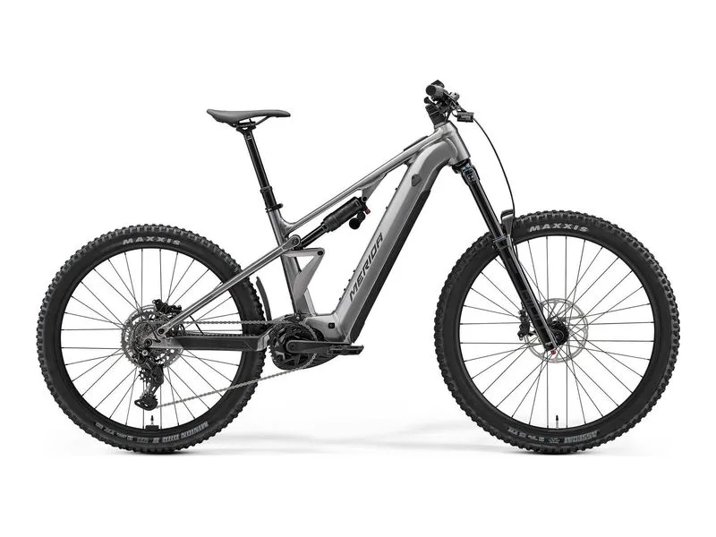 Merida eOne-Eighty 400 enduro eMTB in gunmetal grey, side profile on white background